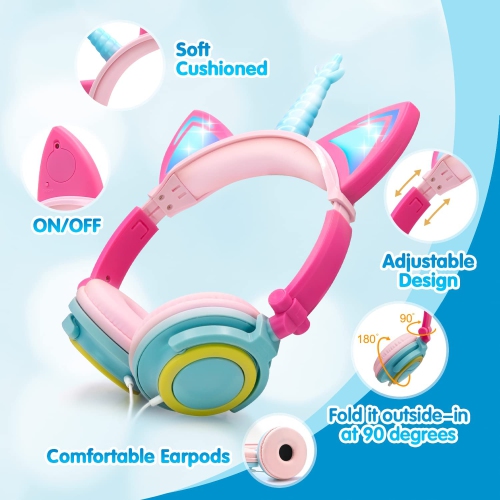 Dolaer Unicorn Kids Headphones,LED Flashing Lights, Comfortable Children's Cat Ear Earphone Gift,Noise-Canceling and Wired Adjustable on Ear Toddlers Headset for Boys/Girls/ School