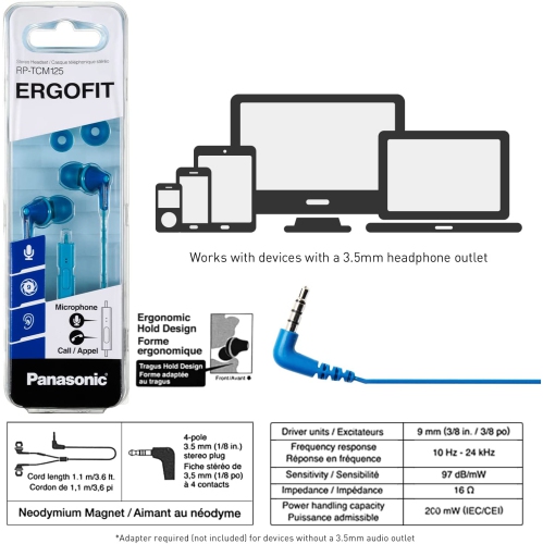 Dolaer RPTCM125A ErgoFit In-Ear Earbud Headphones with Mic and Controller, Blue