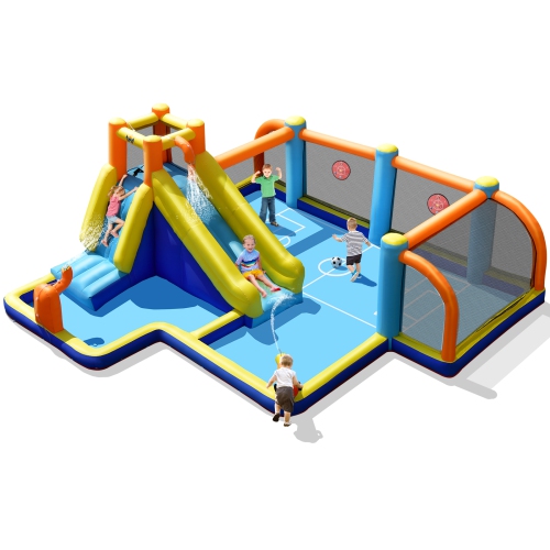 Costway Giant Soccer-Themed Inflatable Water Slide Bouncer W/ Splash Pool Without Blower