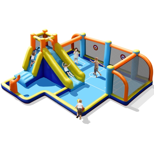 Costway Giant Soccer-Themed Inflatable Water Slide Bouncer W/ Splash Pool Without Blower