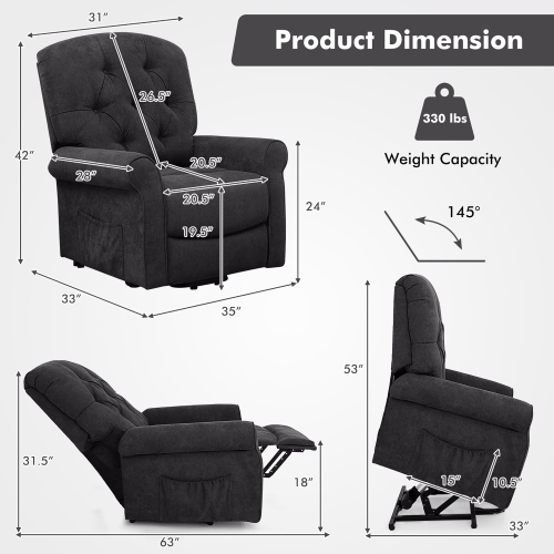 Costway Power Lift Recliner Chair Sofa for Elderly w/ Side Pocket & Remote Control Black\Brown
