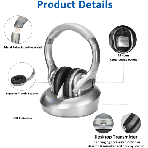 Dolaer Zanchie Wireless Headphones for TV Watching with RF Transmitter Charging Dock 330ft Range - Digital Optical RCA AUX, 10Hrs Battery, No Audio