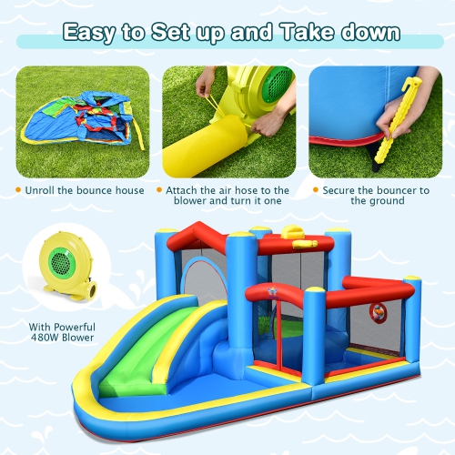 Costway Inflatable Kids Water Slide Outdoor Indoor Slide Bounce Castle with 480W Blower