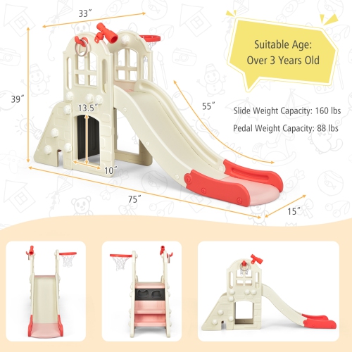 Costway 6-In-1 Large Slide for Kids Toddler Climber Slide Playset w/ Basketball Hoop