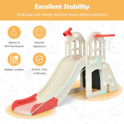 Costway 6-In-1 Large Slide for Kids Toddler Climber Slide Playset w/ Basketball Hoop