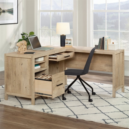 Sauder Pacific View Engineered Wood L-Shaped Home Office Desk in Prime Oak