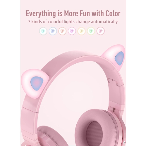 Dolaer Bluetooth Headphones with Microphone for Girls, Cat Ear Foldable Flashing LED Wireless & Wired Headphones for Kids Teens School Study Travel - Pink