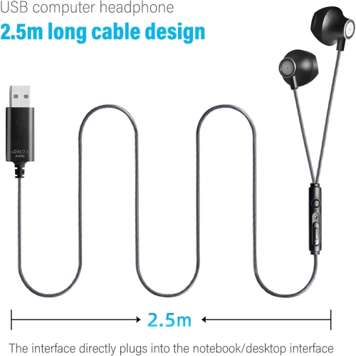 Dolaer OKCSC USB Headphones Computer in-Ear Earphones with HD Microphones 2.5m Long Cable for PC Game, Home Office, Online Classes, Live Stream