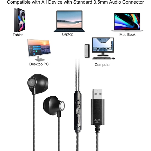 Dolaer OKCSC USB Headphones Computer in-Ear Earphones with HD Microphones 2.5m Long Cable for PC Game, Home Office, Online Classes, Live Stream