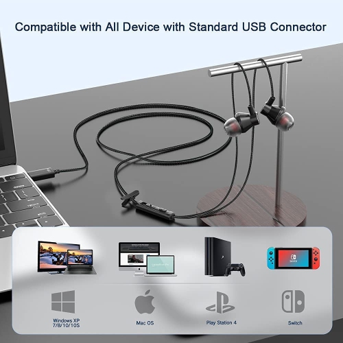 Dolaer OKCSC U260 USB Computer Earbuds in-Ear USB Headset with Stereo Sound 2.5m Cable Wired Earphones for Home Office/Online Classes/Live