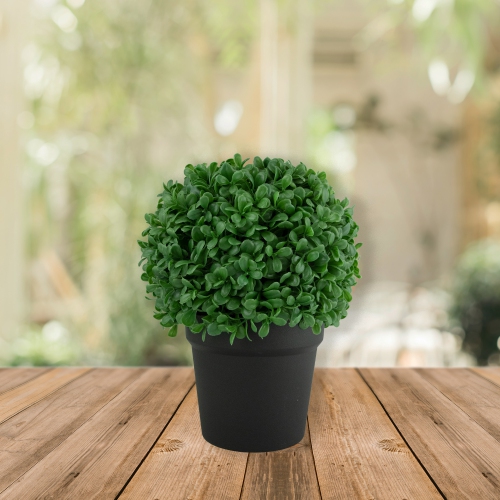 9.5" Artificial Boxwood Ball Topiary in Round Pot, Unlit