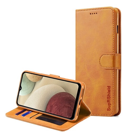 Image 1 de 4.. Étui portefeuille SuprShield en cuir véritable avec support à rabat magnétique pour Galaxy A12 de Samsung – Brun