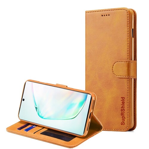 Image 1 de 2.. Étui-portefeuille magnétique en cuir véritable SupRShield brun pour Galaxy Note 10 de Samsung.