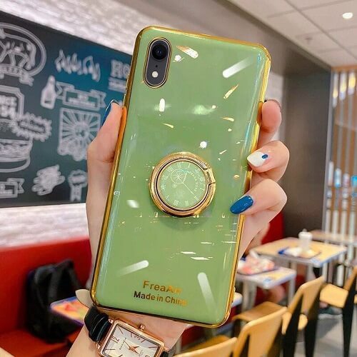 Image 1 de 1.. Étui à anneau vert de luxe plaqué Stream plaqué or pour Apple iPhone XR