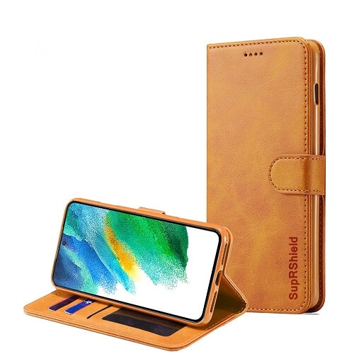 Image 1 of 6.. Samsung Galaxy S21 FE Brown Genuine SupRShield Wallet Leather Flip Stand Magnetic Case Cover.
