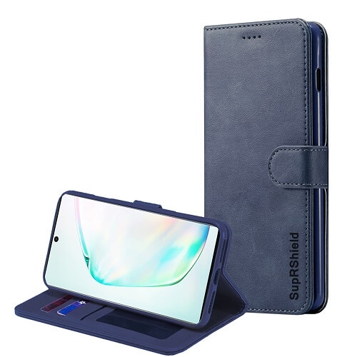 Image 1 de 2.. Étui-portefeuille magnétique en cuir véritable SupRShield bleu pour Galaxy Note 10 de Samsung.