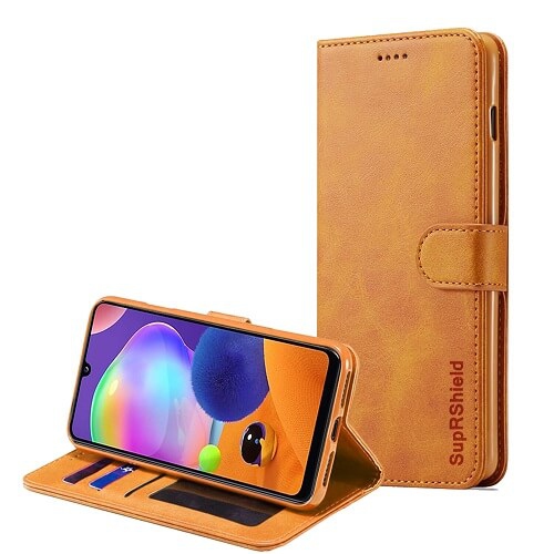 Image 1 de 2.. Étui portefeuille magnétique en cuir véritable SupraShield pour Galaxy A31 de Samsung – Brun