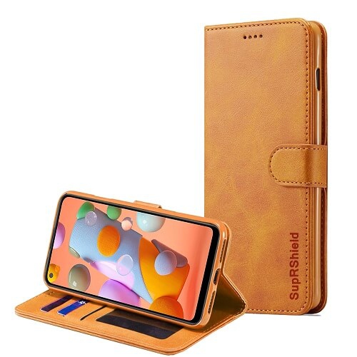 Samsung Galaxy A11 Brown Genuine SupRShield Wallet Leather Flip Stand Magnetic Case Cover.