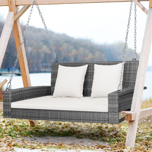 Costway 2-Person Patio PE Wicker Hanging Porch Swing Bench Chair Cushion 800lbs
