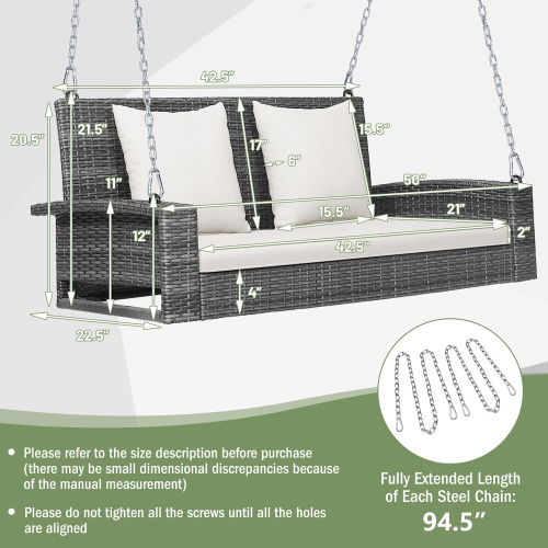 Costway 2-Person Patio PE Wicker Hanging Porch Swing Bench Chair Cushion 800lbs