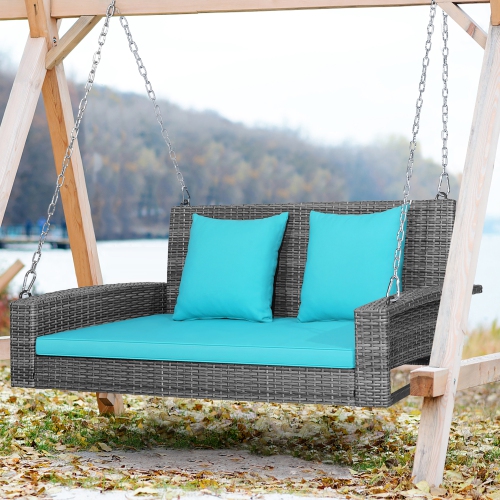 Costway 2-Person Patio PE Wicker Hanging Porch Swing Bench Chair Cushion 800lbs