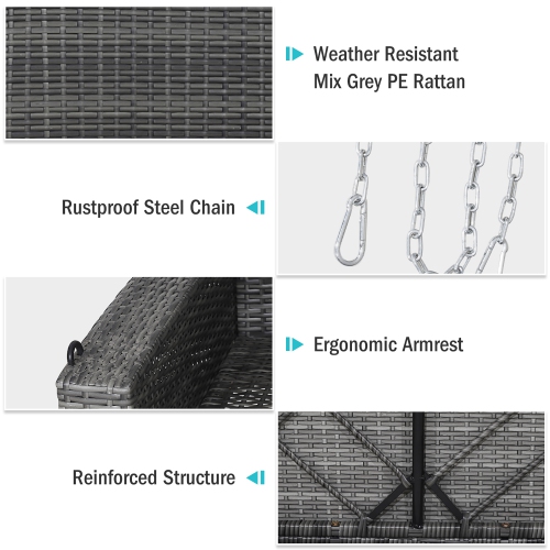 Costway 2-Person Patio PE Wicker Hanging Porch Swing Bench Chair Cushion 800lbs