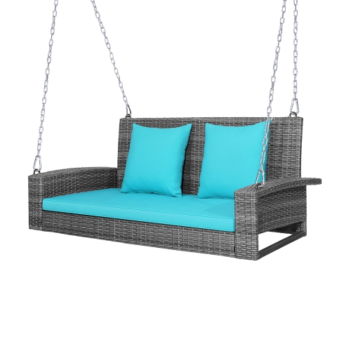 Costway 2-Person Patio PE Wicker Hanging Porch Swing Bench Chair Cushion 800lbs