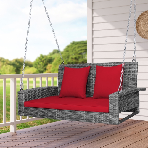 Costway 2-Person Patio PE Wicker Hanging Porch Swing Bench Chair Cushion 800lbs