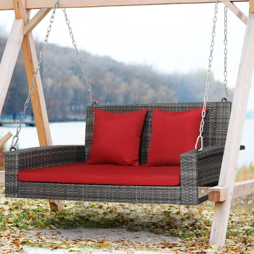 Costway 2-Person Patio PE Wicker Hanging Porch Swing Bench Chair Cushion 800lbs