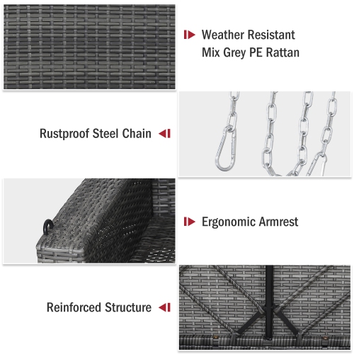 Costway 2-Person Patio PE Wicker Hanging Porch Swing Bench Chair Cushion 800lbs