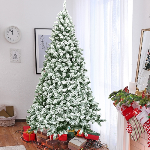 Costway 7.5FT Snow Flocked Artificial Christmas Tree Hinged w/1346 Tip and Foldable Base