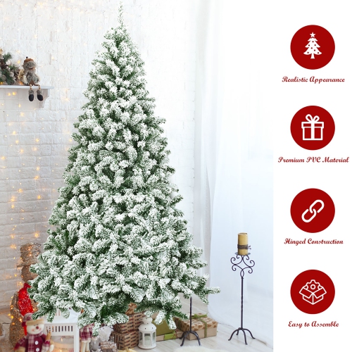 Costway 7.5FT Snow Flocked Artificial Christmas Tree Hinged w/1346 Tip and Foldable Base