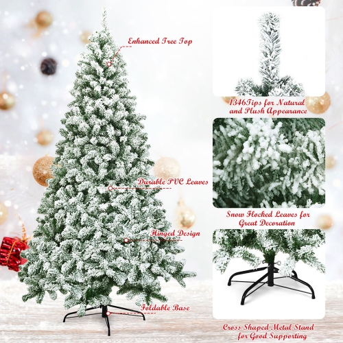 Costway 7.5FT Snow Flocked Artificial Christmas Tree Hinged w/1346 Tip and Foldable Base