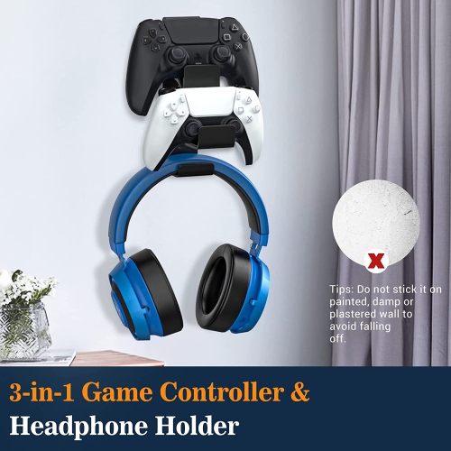 Dolaer Gamepad Controller & Headphone Hanger, 3 in 1 Game Controller & Headphone Stand Wall Mount Holder for PS5/PS4 & Headphone, Controller Holder Stand with Anti-Slip & Anti-Coll