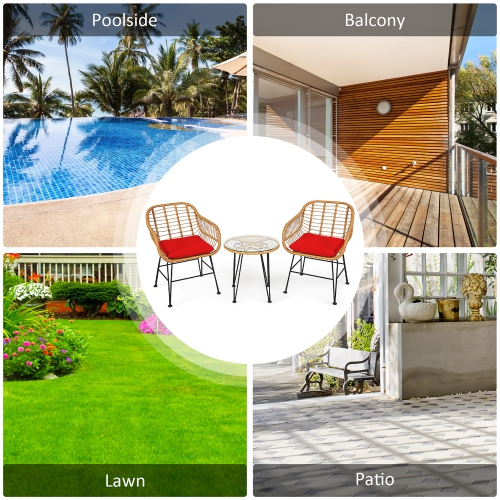 Costway 3PCS Patio Rattan Bistro Furniture Set Cushioned Chair Table