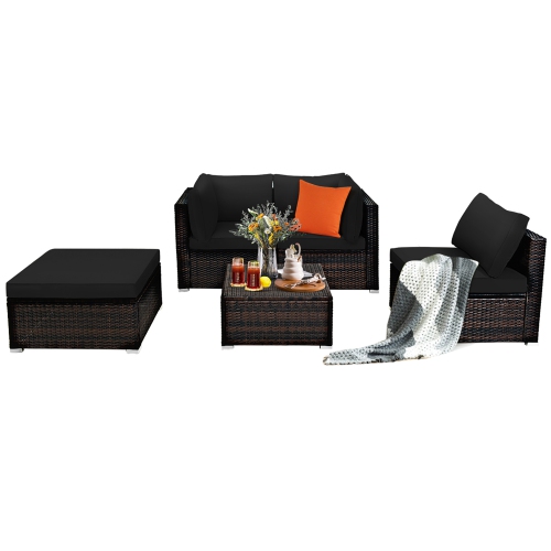 Costway 5PCS Patio Rattan Furniture Set Sectional Conversation Set Ottoman Table