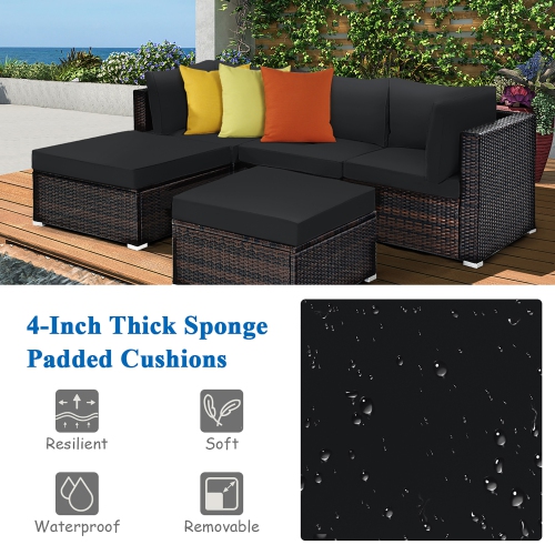 Costway 5PCS Patio Rattan Furniture Set Sectional Conversation Set Ottoman Table