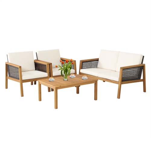 Costway 4PCS Patio Rattan Furniture Set Acacia Wood Cushioned Sofa