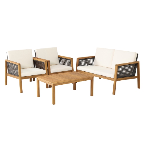 Costway 4PCS Patio Rattan Furniture Set Acacia Wood Cushioned Sofa