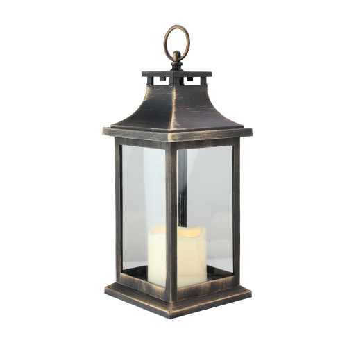 Candle Lantern with Flameless LED Candle - 12.5" - Black with Gold