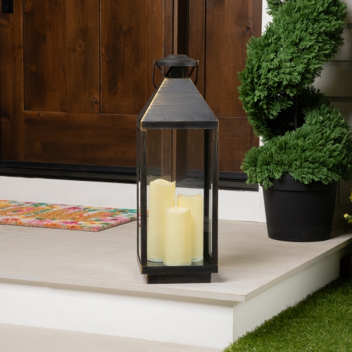 Lantern with Flameless LED Candles - 24" - Gold and Brushed Black