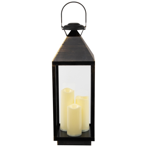 Lantern with Flameless LED Candles - 24" - Gold and Brushed Black