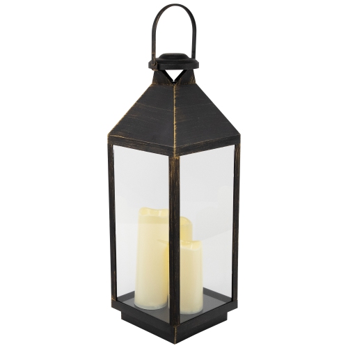 Lantern with Flameless LED Candles - 24" - Gold and Brushed Black