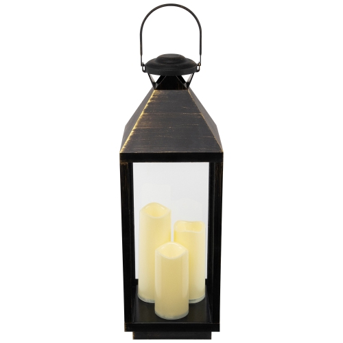 Lantern with Flameless LED Candles - 24" - Gold and Brushed Black