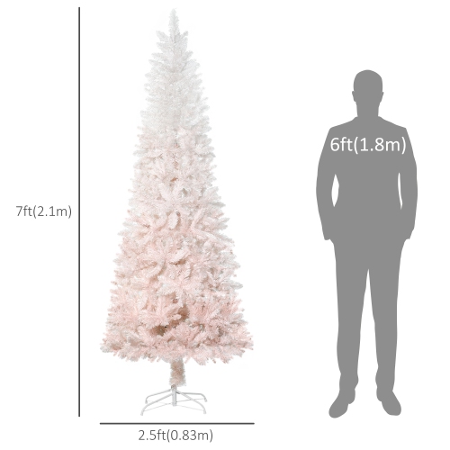 HOMCOM 7FT Pencil Artificial Christmas Tree with Pine Realistic Branches, Auto Open, Pink and White