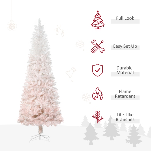 HOMCOM 7FT Pencil Artificial Christmas Tree with Pine Realistic Branches, Auto Open, Pink and White