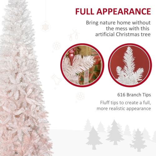 HOMCOM 7FT Pencil Artificial Christmas Tree with Pine Realistic Branches, Auto Open, Pink and White