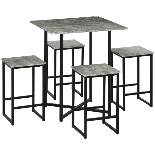HOMCOM 5 Pieces Bar Table Set, Square Concrete Effect Dining Table Set, Small Kitchen Table and Chairs Set for 4 People, Gray