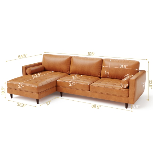 Costway 105" Air Leather L-Shaped Sectional Sofa w/ Chaise Lounge & 2 Bolster Pillows