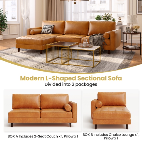 Costway 105" Air Leather L-Shaped Sectional Sofa w/ Chaise Lounge & 2 Bolster Pillows